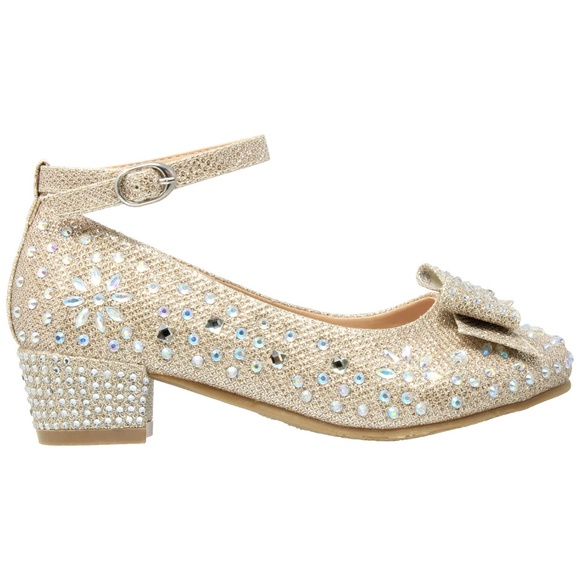 Kids Gold Glitter Rhinestone Bow Low Heel MARY-50 - Picture 4 of 6